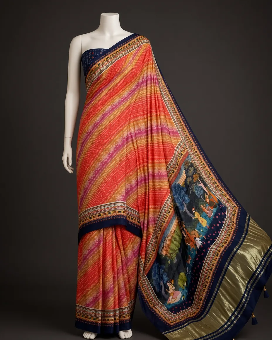 Coral Leheriya Saree — the piece