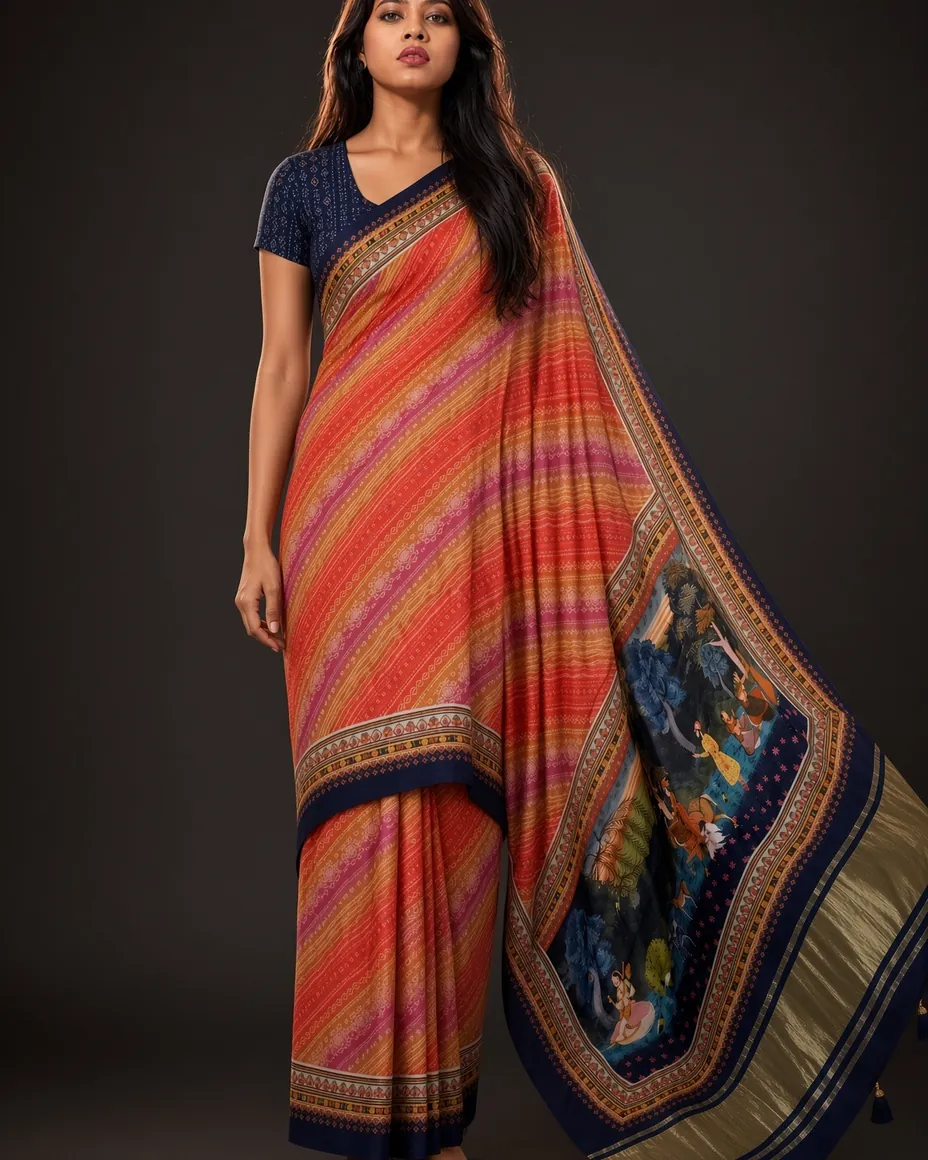 Coral Leheriya Saree — worn