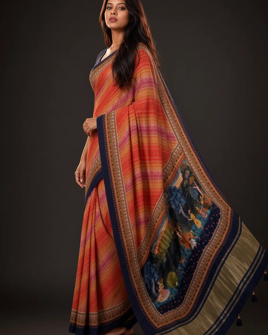 Coral Leheriya Saree — detail 2