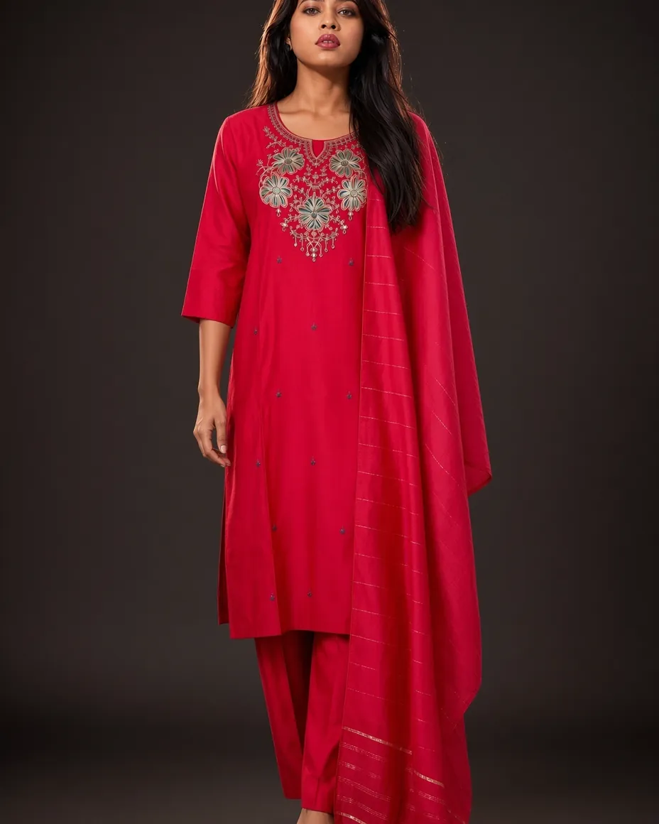Crimson Embroidered Suit Set — worn