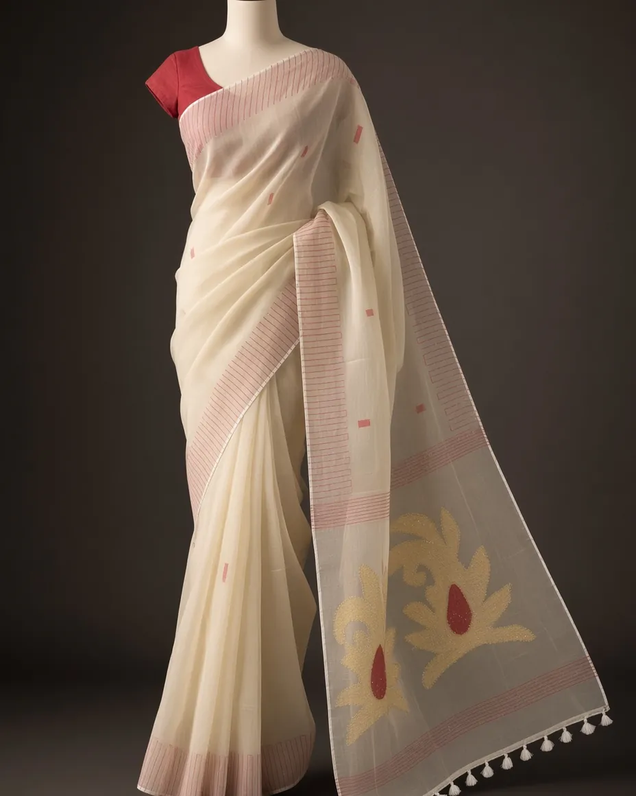 Ivory Cotton Buti Saree — the piece