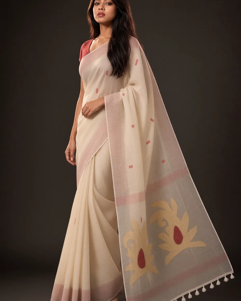 Ivory Cotton Buti Saree — detail 2