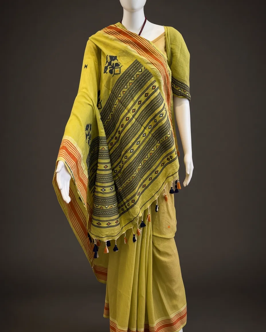 Olive Handloom Cotton Saree — the piece