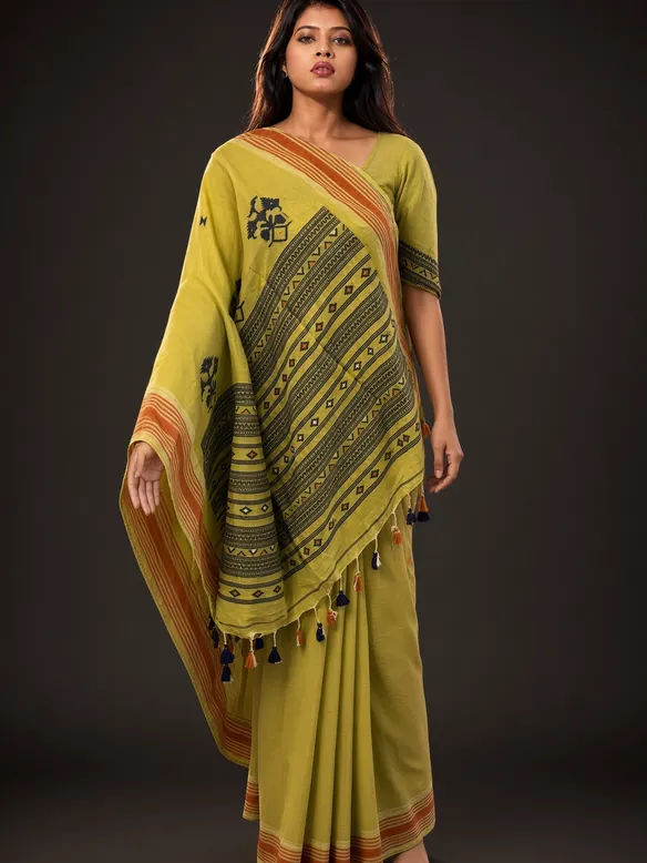 Olive Handloom Cotton Saree — worn