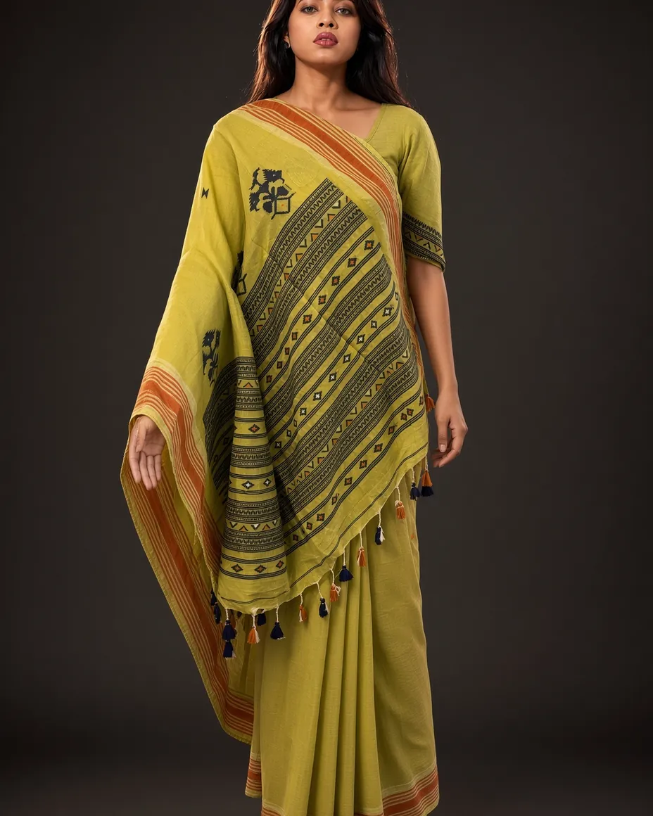 Olive Handloom Cotton Saree — worn
