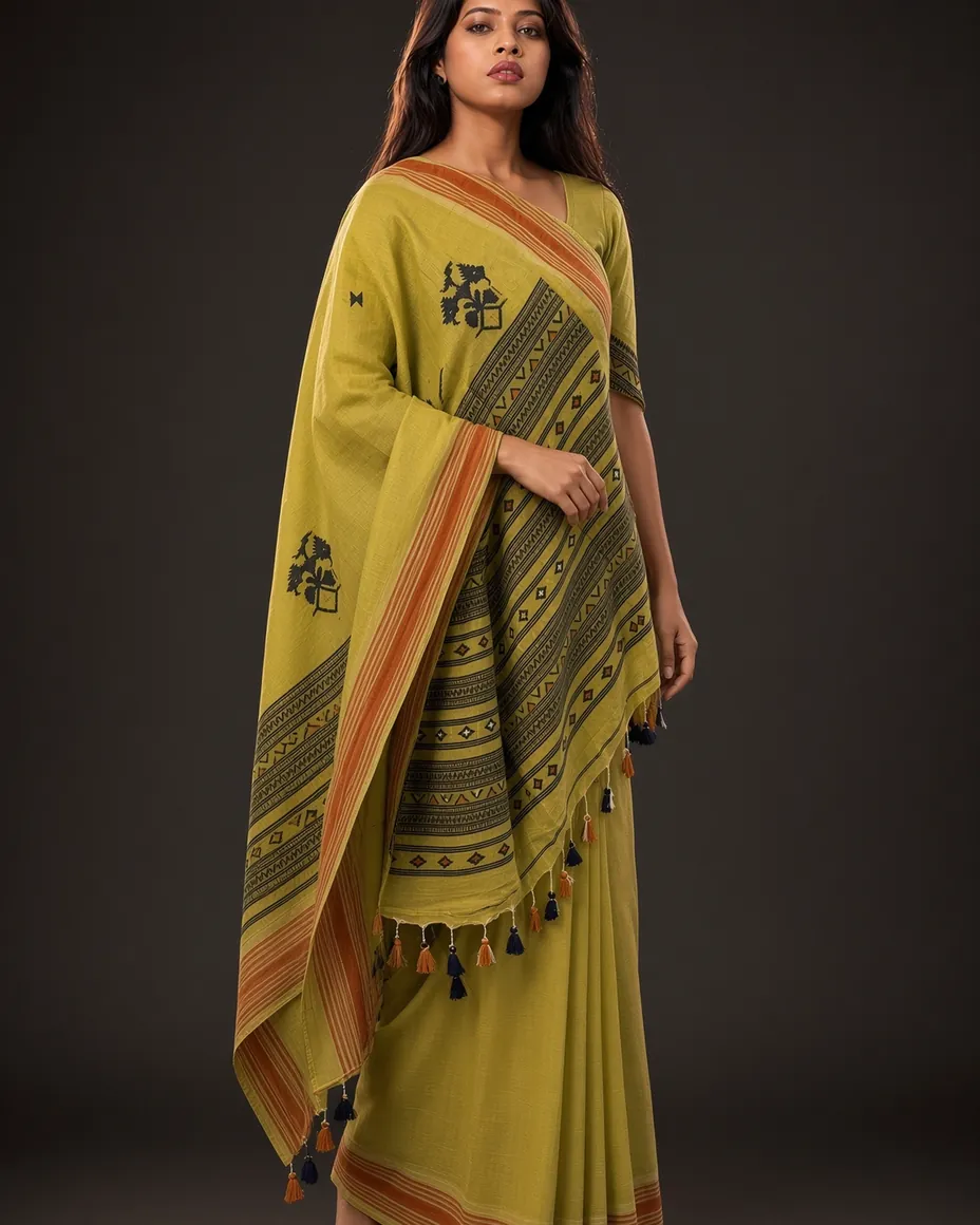 Olive Handloom Cotton Saree — detail 1