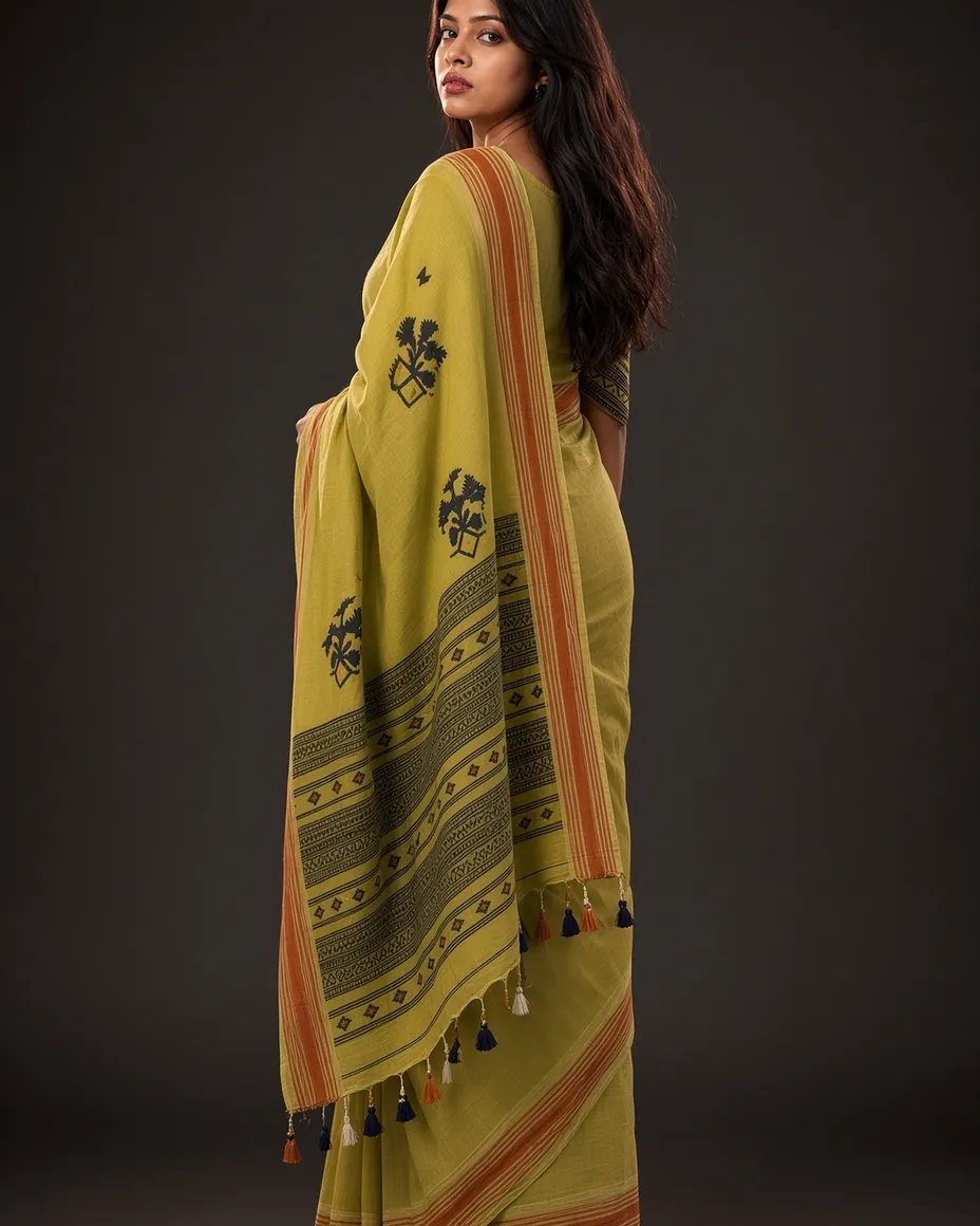 Olive Handloom Cotton Saree — detail 2