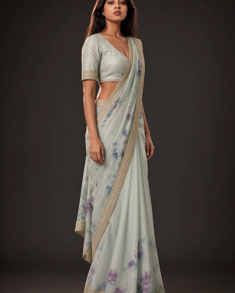 Sage Floral Organza Saree — detail 3