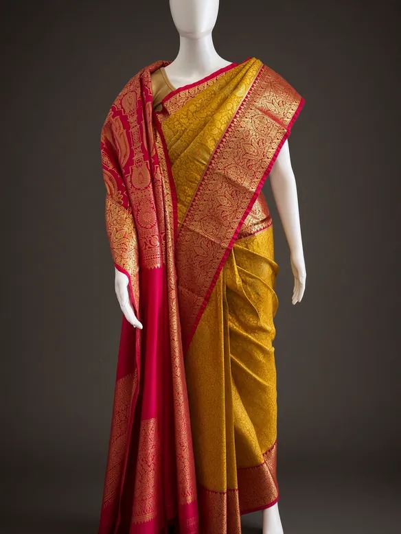 Turmeric & Crimson Zari Saree — the piece