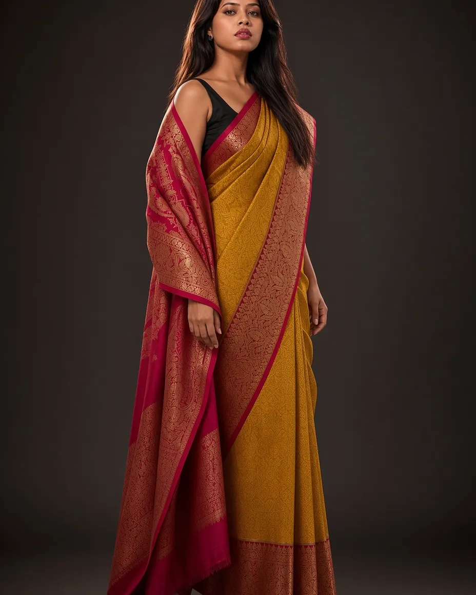 Turmeric & Crimson Zari Saree — worn