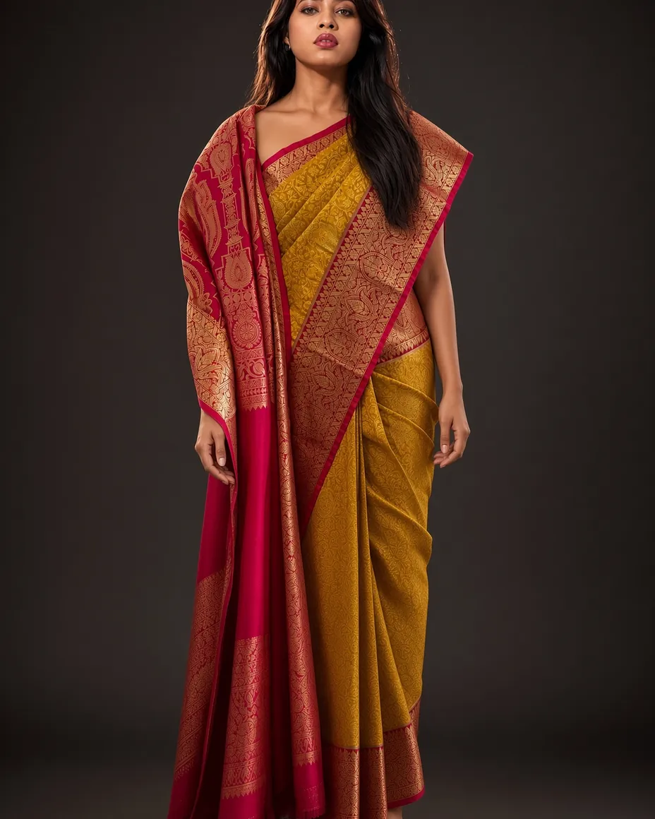 Turmeric & Crimson Zari Saree — detail 1