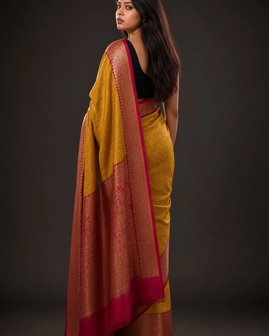 Turmeric & Crimson Zari Saree — detail 2