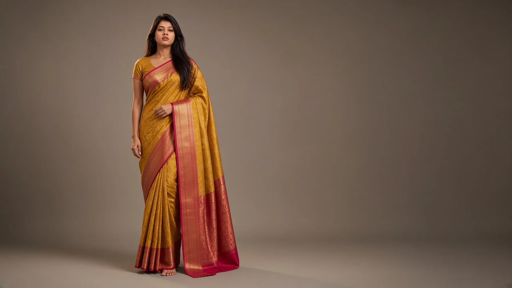 A mustard-gold saree with a crimson zari border