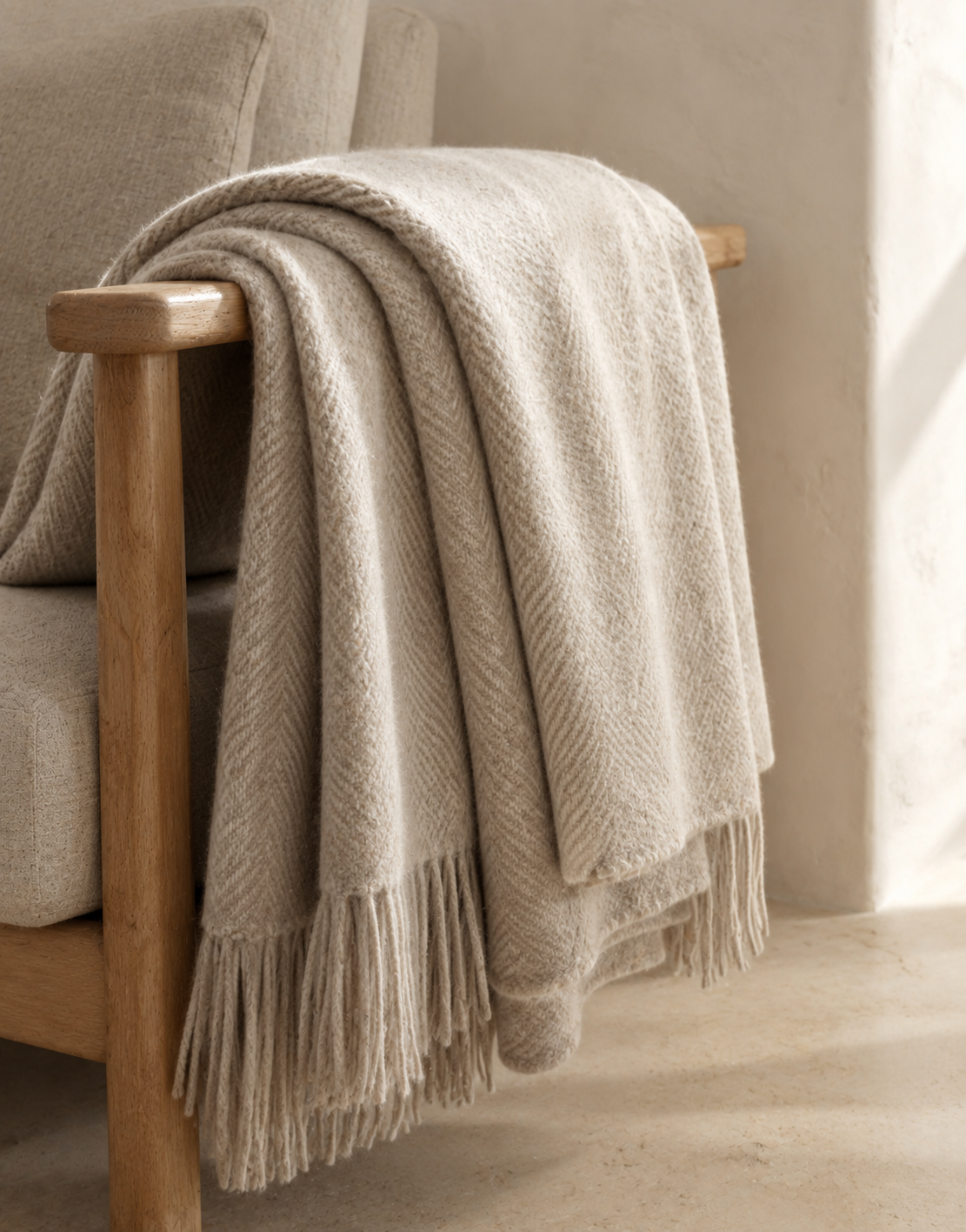 A four-ply cashmere throw folded over the arm of a chair