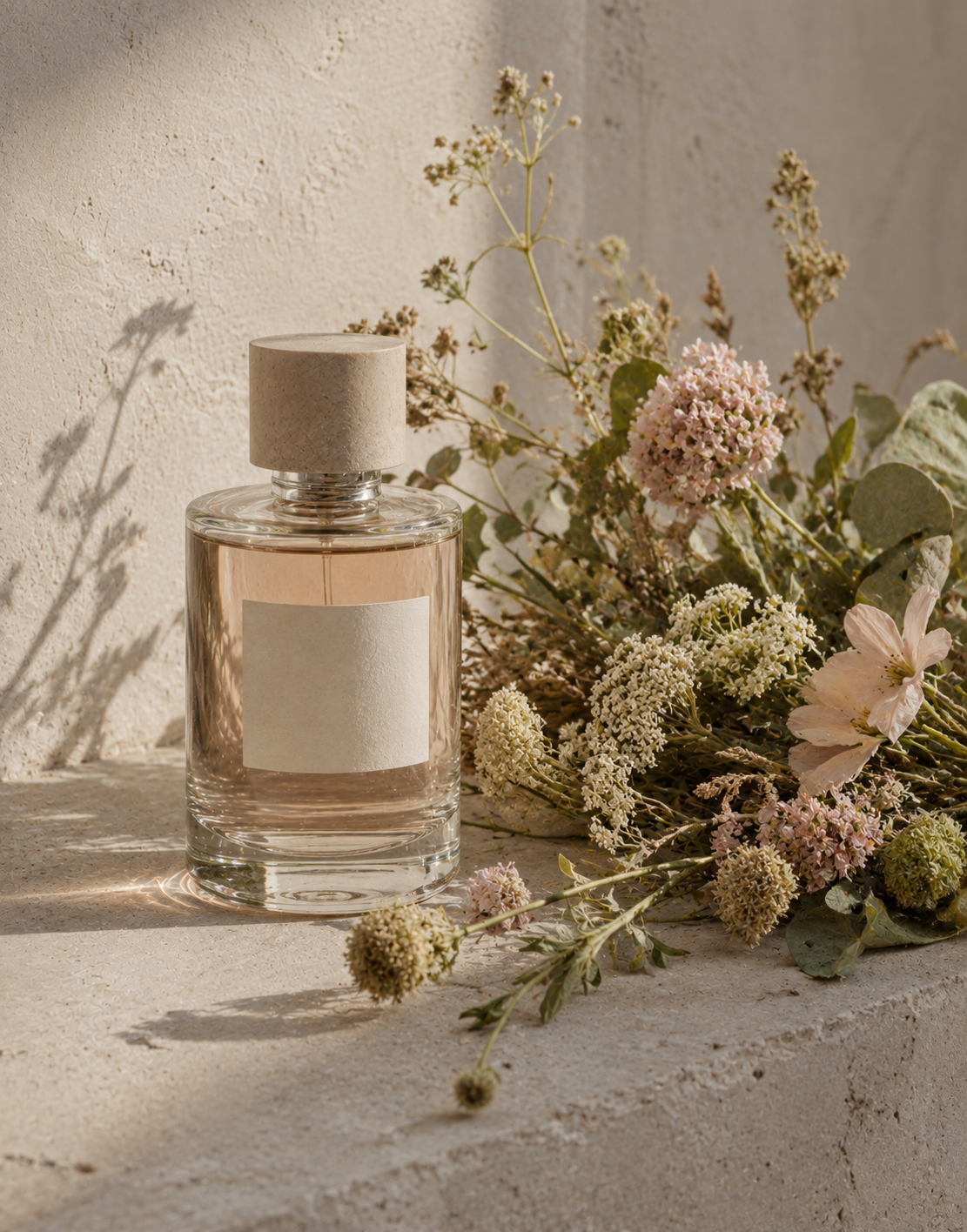 An eau de parfum bottle beside cut wildflowers