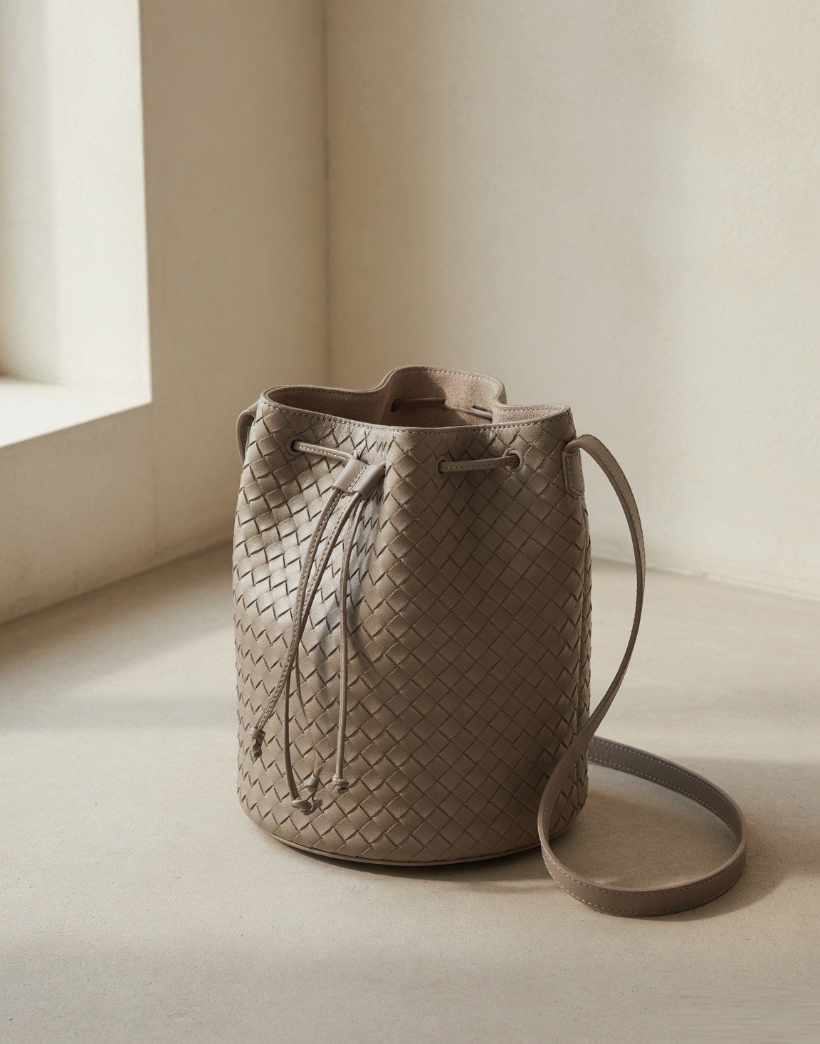 Woven leather bucket bag